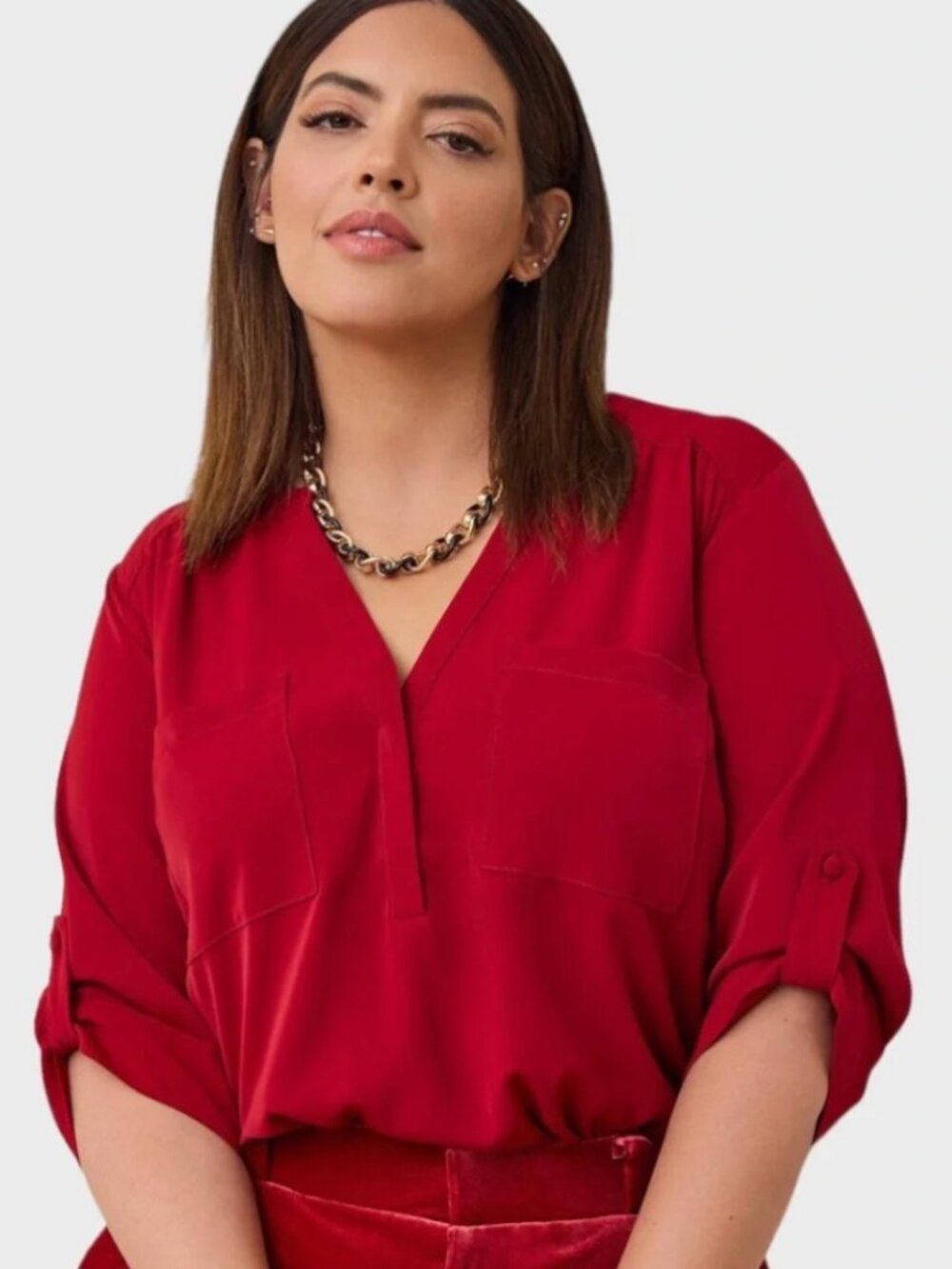 TORRID 1 Plus Size Harper Studio Refined Woven Pullover 3/4 Sleeve Blouse Red 1X